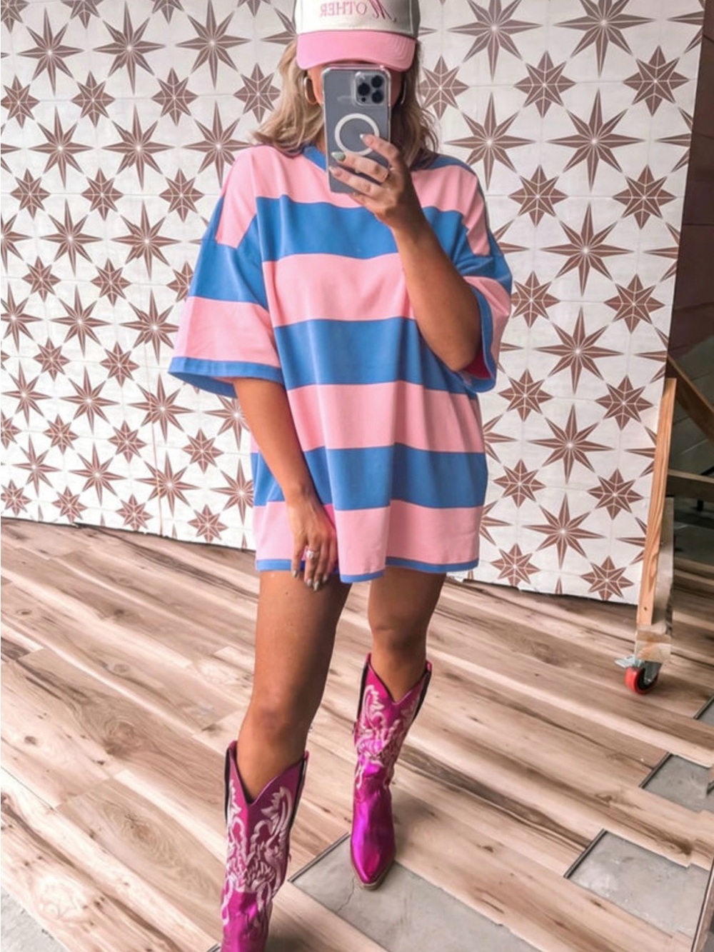 XoXo Cotton Oversized Pink & Blue Striped Tee ✨